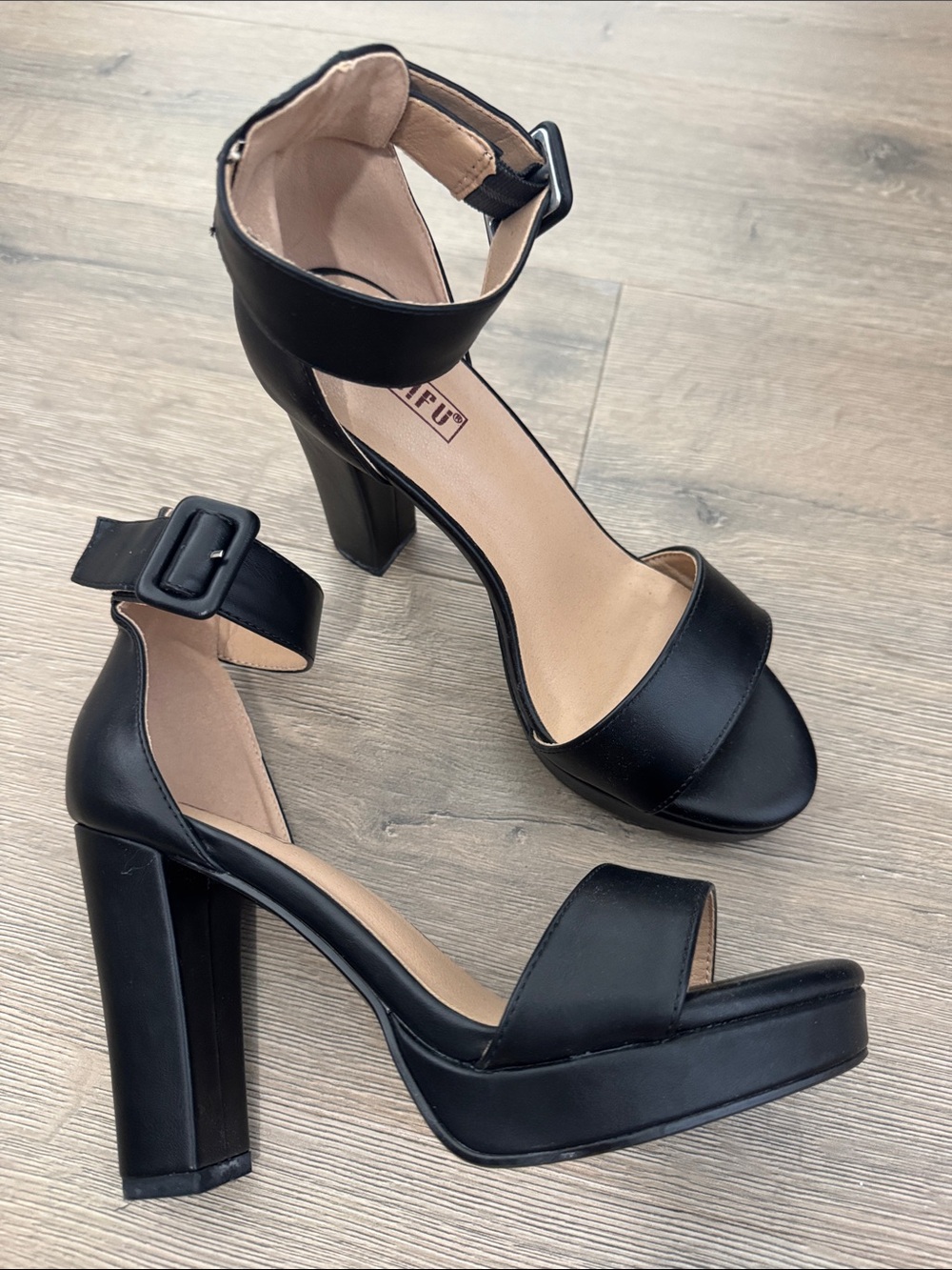 IDIFU Faux Leather Black Open-Toe Ankle Strap Platform Block Heels